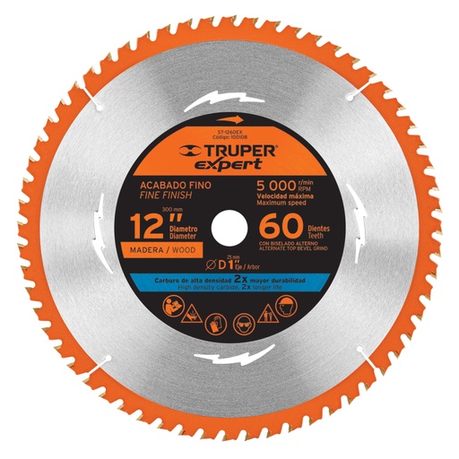 [100108] Disco sierra 12' para madera, 60 dientes centro 1', EXPERT ST-1260EX