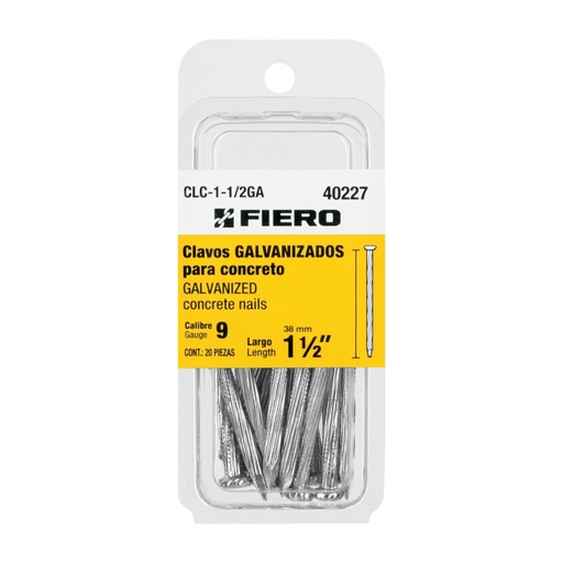 [40227] Blíster con 20 clavos galvanizados p/concreto 1-1/2', FIERO CLC-1-1/2GA