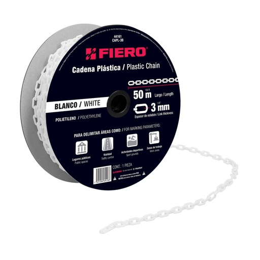 [44161] Metro de cadena de 3 mm de plástico blanca, carrete de 50 m CAPL-3B
