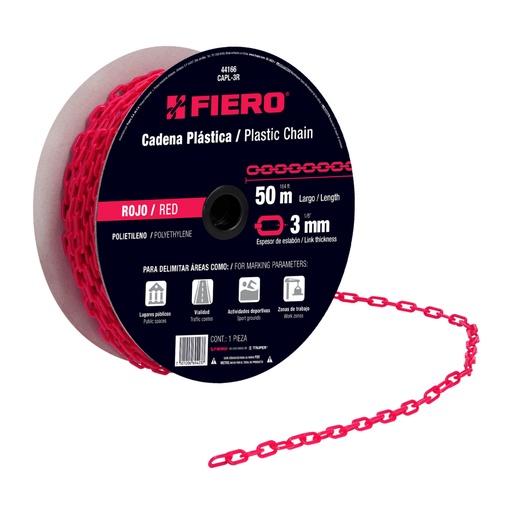 [44166] Metro de cadena de 3 mm de plástico roja, carrete de 50 m CAPL-3R