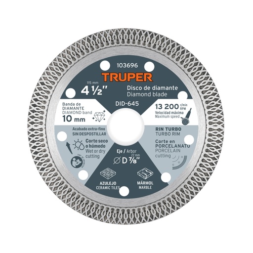 [103696] Disco de diamante 4 1/2', corte porcelanato, TRUPER DID-645