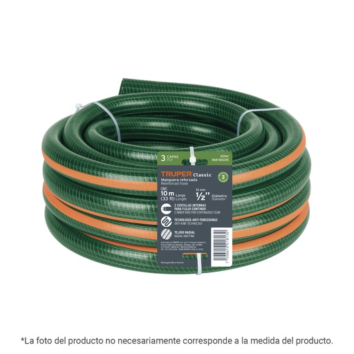 [103942] Manguera de jardín 1/2', 3 capas, 10m, sin conexiones TRUPER MAN-10X1/2RS