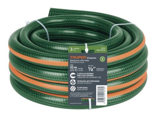 [103952] Manguera de jardín 1', 3 capas, 10m, sin conexiones, TRUPER MAN-10X1RS