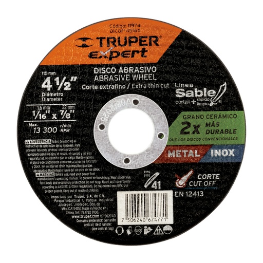 [11974] Disco Tipo 41 de 4-1/2' x 1.6 mm corte fino de metal, Expert DICOF-4516X