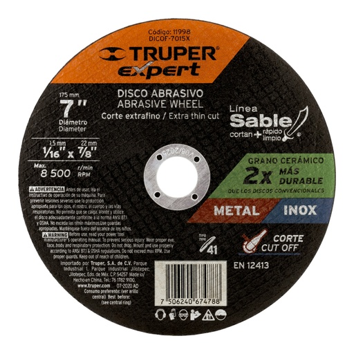 [11998] Disco abrasivo de corte preciso metal 7' x 1.5 mm, EXPERT DICOF-7015X