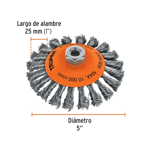 [14189] Carda tipo cónico 5' alambre trenzado, multi-rosca, TRUPER CATR-5EMR