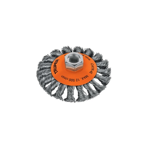[14190] Carda tipo cónico 4' alambre trenzado, eje 5/8'-11, Truper CATR-4E