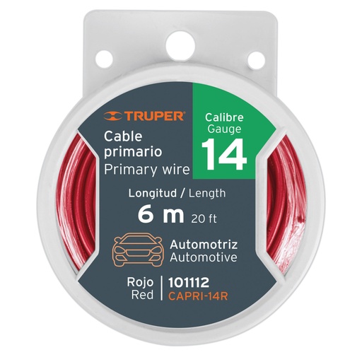 [101112] Carrete con 6 m de cable primario rojo calibre 14, TRUPER CAPRI-14R