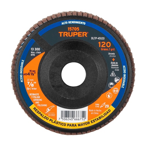 [15705] Disco laminado 4-1/2' grano 120 centro 7/8', plástico,TRUPER DLTP-45120