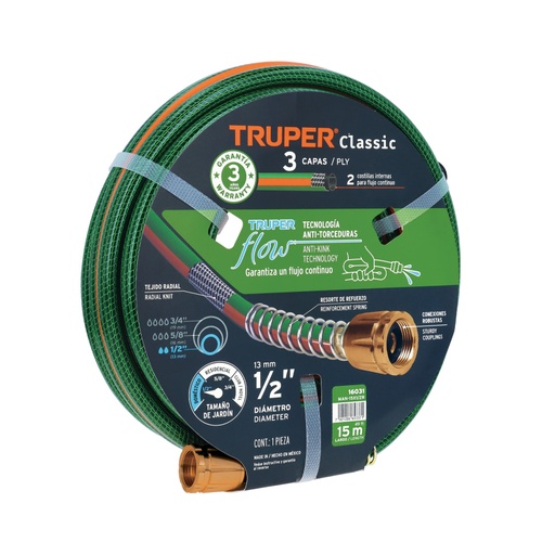 [16031] Manguera 1/2' reforzada 3 capas 15 m conexiones de metal MAN-15X1/2R