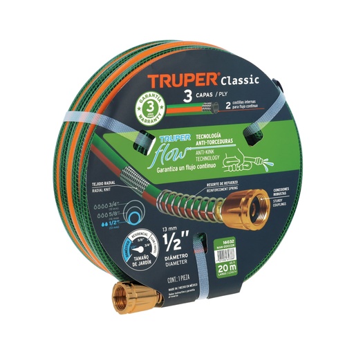 [16032] Manguera 1/2' reforzada 3 capas 20 m conexiones de metal MAN-20X1/2R