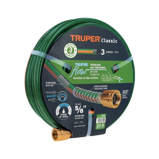 [16037] Manguera 5/8' reforzada 3 capas 20 m conexiones de metal MAN-20X5/8R