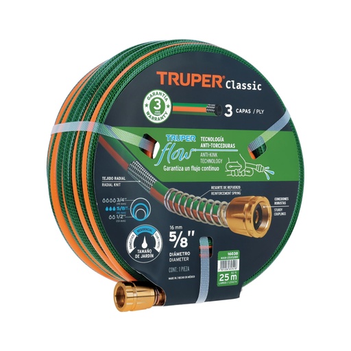 [16038] Manguera 5/8' reforzada 3 capas 25 m conexiones de metal MAN-25X5/8R