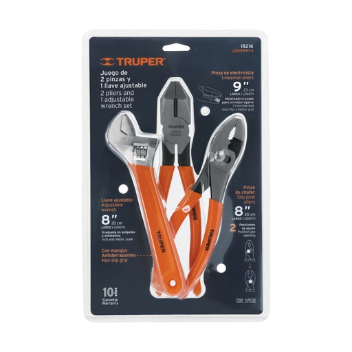 [18216] Juego con 2 pinzas y 1 llave ajustable mango de PVC, TRUPER JGO-PEPI-3