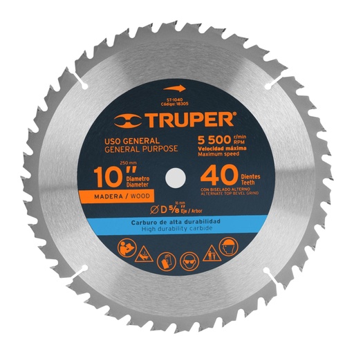 [18305] Disco sierra 10' para madera, 40 dientes centro 5/8', TRUPER ST-1040