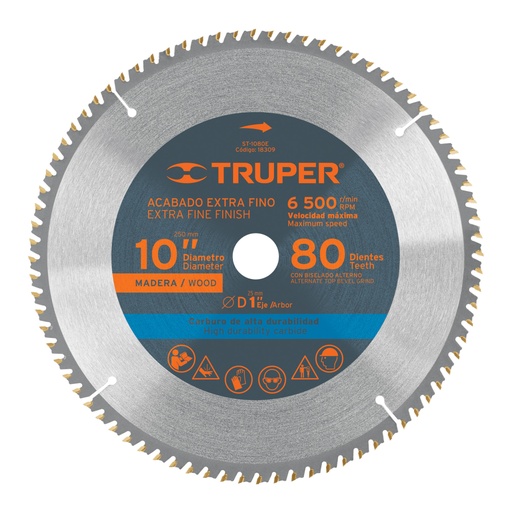 [18309] Disco sierra 10' para madera, 80 dientes centro 1', TRUPER ST-1080E