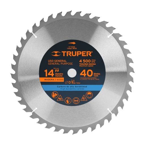 [18322] Disco sierra 14' para madera, 40 dientes centro 1', TRUPER ST-1440E