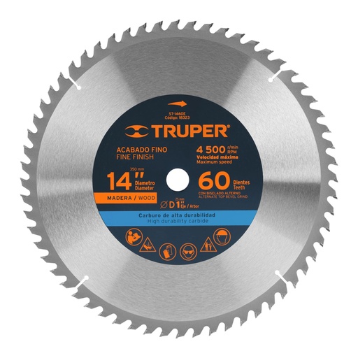 [18323] Disco sierra 14' para madera, 60 dientes centro 1', TRUPER ST-1460E