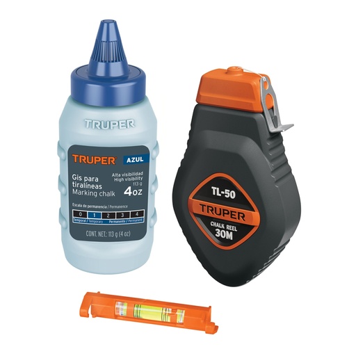 [18574] Tiralíneas plástico con gis y nivel 30 m (100 ft), TRUPER TL-50