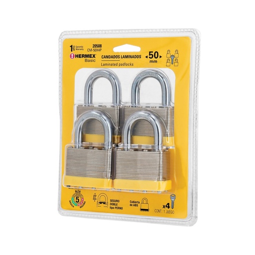 [20508] Juego de 4 candados cuerpo laminado, 50 mm, HERMEX BASIC CM-50X4P