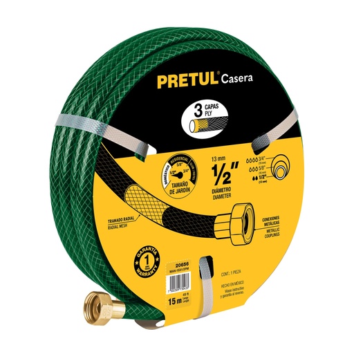 [20656] Manguera 1/2' reforzada 3 capas conexiones metal 15m, PRETUL MAN-15X1/2PM