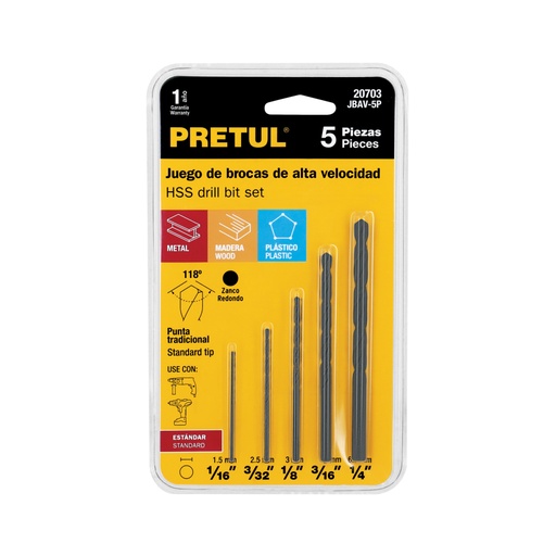 [20703] Juego de 5 brocas HSS para metal, PRETUL JBAV-5P