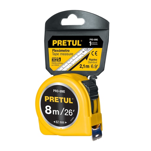 [21603] Flexómetro amarillo 8 m cinta 25 mm, en tarjeta, PRETUL PRO-8ME