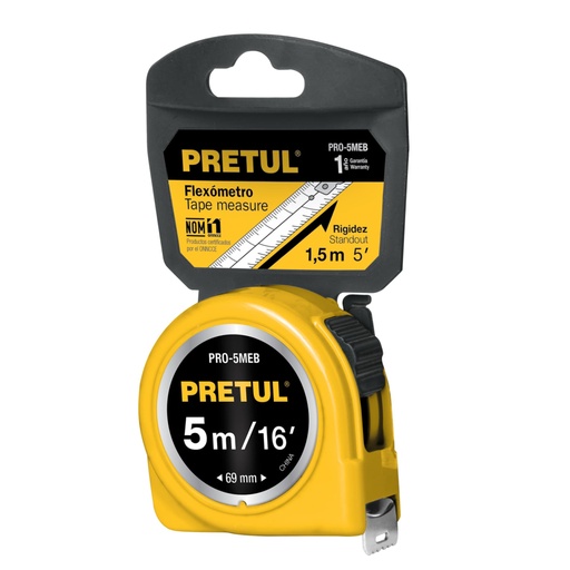 [21606] Flexómetro amarillo 5 m cinta 19 mm, en tarjeta, PRETUL PRO-5MEB