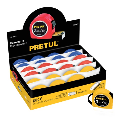 [21607] Flexómetro 3 m cinta 13 mm, en display box, PRETUL PRO-3MEC