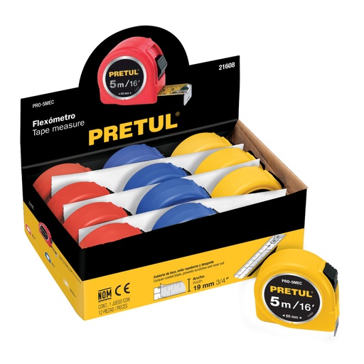[21608] Flexómetro 5 m cinta 19 mm, en display box, PRETUL PRO-5MEC