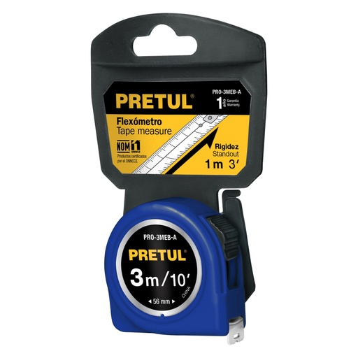 [21609] Flexómetro azul 3 m cinta 13 mm, en tarjeta, PRETUL PRO-3MEB-A