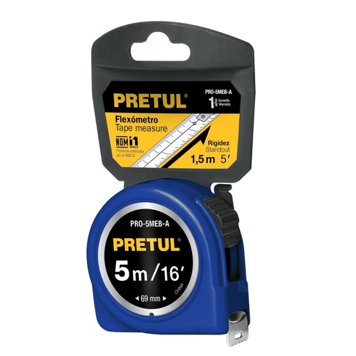 [21610] Flexómetro azul 5 m cinta 19 mm, en tarjeta, PRETUL PRO-5MEB-A