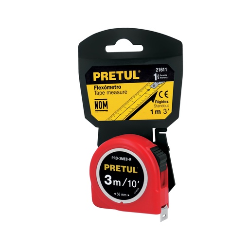 [21611] Flexómetro rojo 3 m cinta 13 mm, en tarjeta, PRETUL PRO-3MEB-R