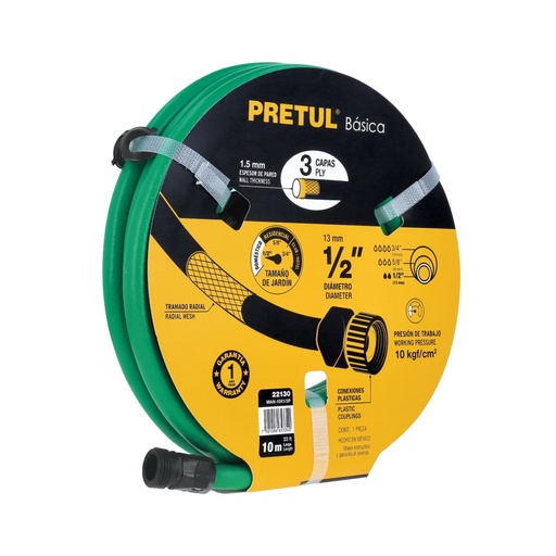 [22130] Manguera verde 1/2' 3 capas 10m conexiones plásticas, PRETUL MAN-10X1/2P