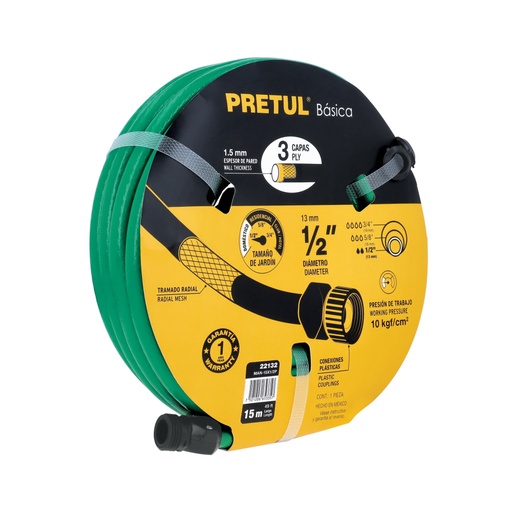 [22132] Manguera verde 1/2' 3 capas 15m conexiones plásticas, PRETUL MAN-15X1/2P