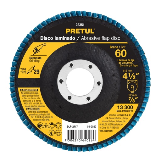 [22351] Disco laminado 4-1/2', grano 60 centro 7/8', fibra, PRETUL DLP-2717