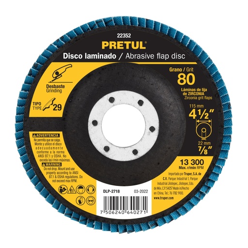 [22352] Disco laminado 4-1/2', grano 80 centro 7/8', fibra, PRETUL DLP-2718