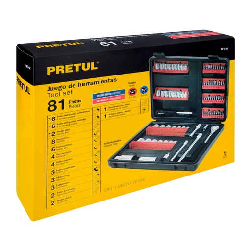 [22977] Juego de 81 herramientas 1/4' y 3/8' para mecánico, Pretul SET-90