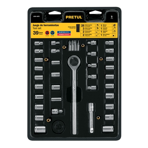 [23973] Juego de 39 herramientas 1/4' y 3/8' para mecánico, Pretul JUDA-40PB