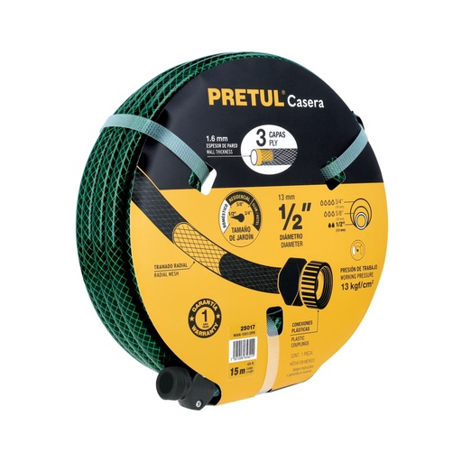 [25017] Manguera 1/2' reforzada 3 capas 15m conexiones plást, Pretul MAN-15X1/2PR
