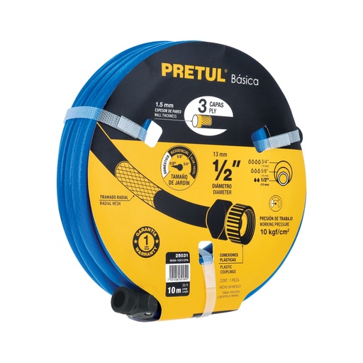 [25031] Manguera azul 1/2' 3 capas 10 m conexiones plásticas, PRETUL MAN-10X1/2PA
