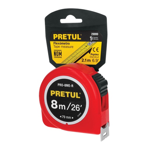 [29999] Flexómetro rojo 8 m cinta 25 mm, en tarjeta, PRETUL PRO-8ME-R