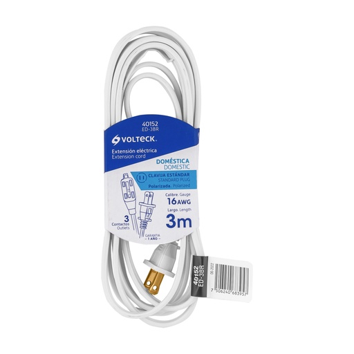 [40152] Extensión eléctrica doméstica 3 m clavija recta, blanca ED-3BR