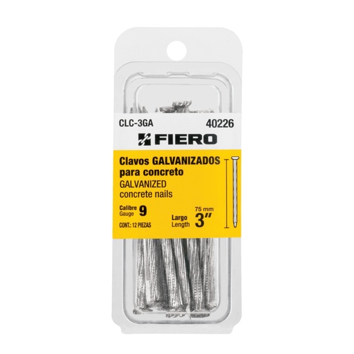 [40226] Blíster con 12 clavos galvanizados para concreto 3', FIERO CLC-3GA