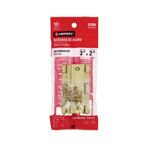 [43209] Bolsa con 2 bisagras rectangulares 3', acero latonado BR-301B