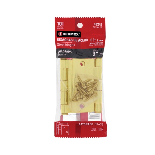 [43242] Bolsa c/2 bisagras cuadradas 3', latonado, cabeza plana BC-301PB