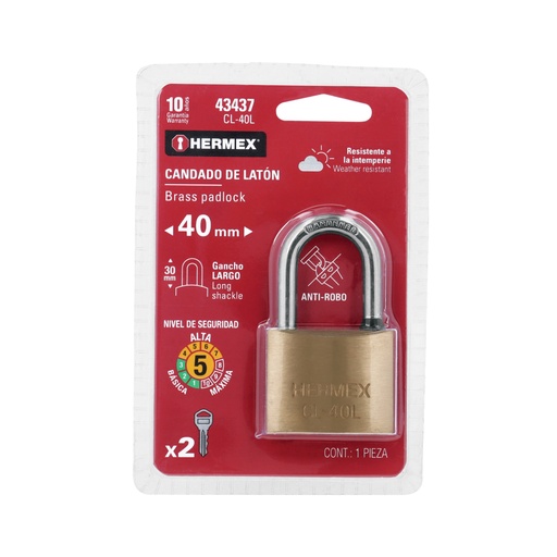 [43437] Candado de latón 40 mm gancho largo en blíster, HERMEX CL-40L