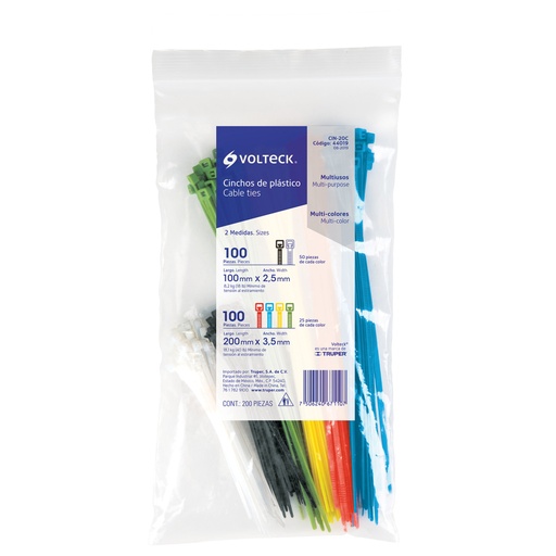 [44019] Bolsa con 200 cinchos plásticos en colores surtidos, VOLTECK CIN-20C