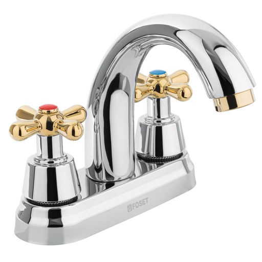 [45355] Mezcladora lavabo 4' cromo-oro, nariz curva, cruceta, AQUA AQM-51G
