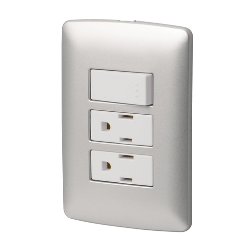 [46475] Placa armada 2 contactos e interruptor,plata, línea Italiana PA-APCO-I3P